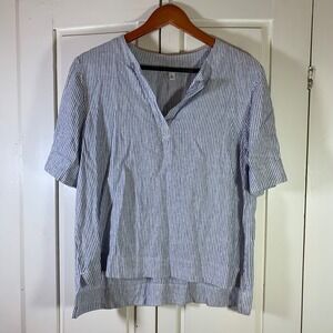 LL Bean Signature Women's Striped V-Neck Linen Rayon Blend Top Blue White Size L